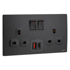 Legrand Mallia Senses 2 Gang Single Pole Switched Socket Outlets with Type A and B USB 27W Charger 281137 - Slide 2
