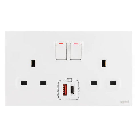 Legrand Mallia Senses 2 Gang Single Pole Switched Socket Outlets with Type A and B USB 27W Charger 281137
