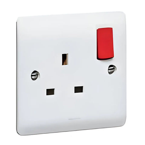 Legrand Synergy White 1 Gang 13A Double Pole Switched Socket Outlet with Red Rocker 730162