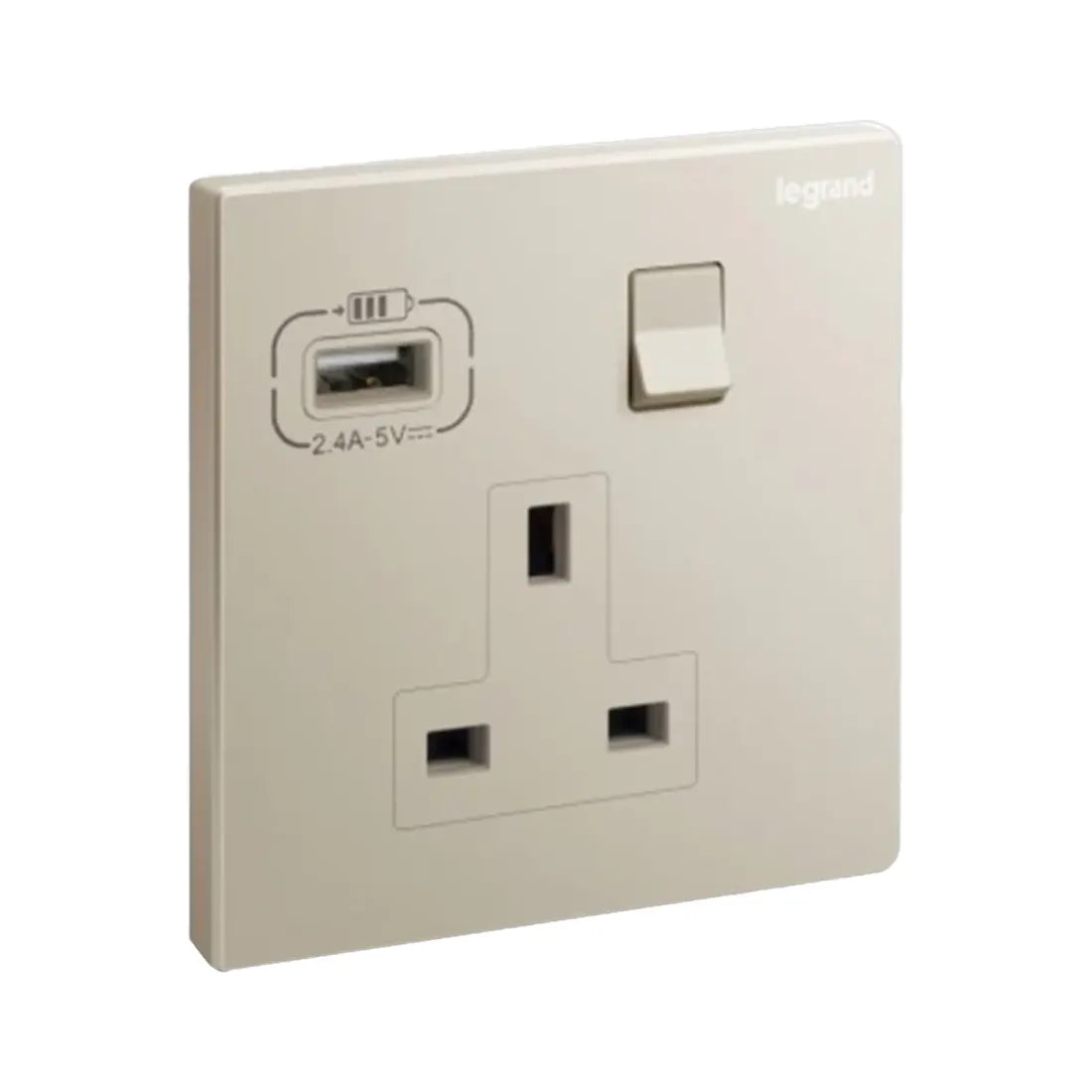 Legrand Galion 1 Gang Single Pole Switched Socket Outlet with USB A 15W charger 282441A