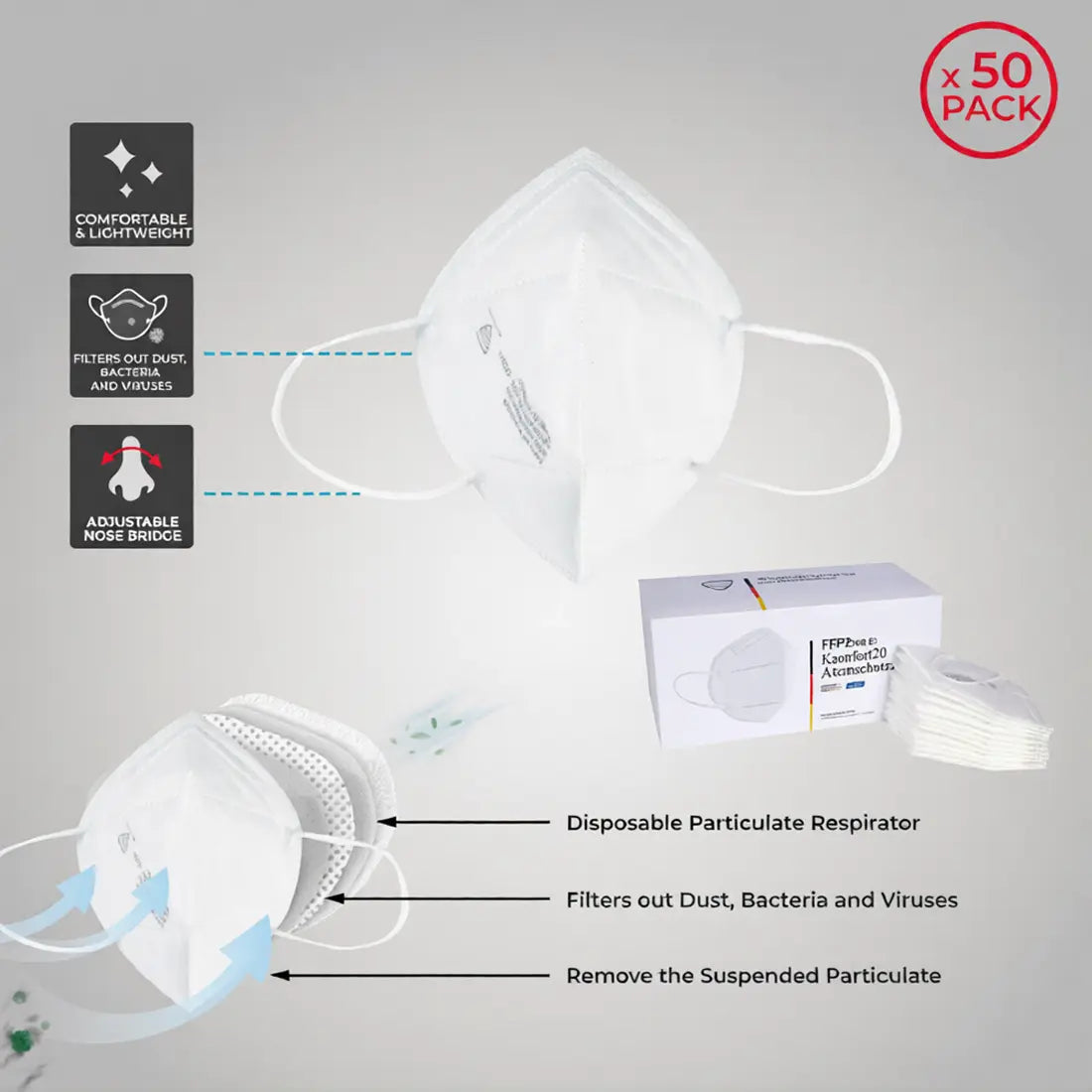 MSK SJO FFP2 Flat Fold Respirator Mask 50 pcs - White