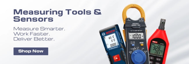 Banner showcasing digital measuring tools and sensors including laser distance meters, clamp meters, and multimeters with the tagline 'Measure Smarter. Work Faster. Deliver Better.' and a 'Shop Now' button on a light background.