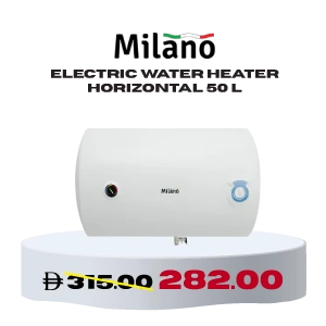 Milano electric water heater horizontal 50L on beach-themed background with discounted price from AED315.00 to AED282.00.