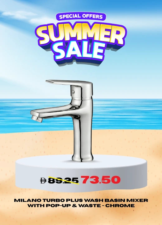 Summer Sale banner showing Milano Turbo Plus wash basin mixer with pop-up and waste in chrome finish, placed on a white platform with beach background. Discounted price is 73.50 from 89.25
