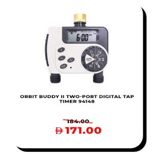 Orbit Buddy II two-port digital tap timer 94148 with LCD display for automatic garden watering and irrigation control