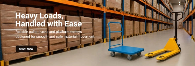 Heavy-duty pallet trucks and platform trolleys in warehouse setting – ideal for smooth and safe material handling