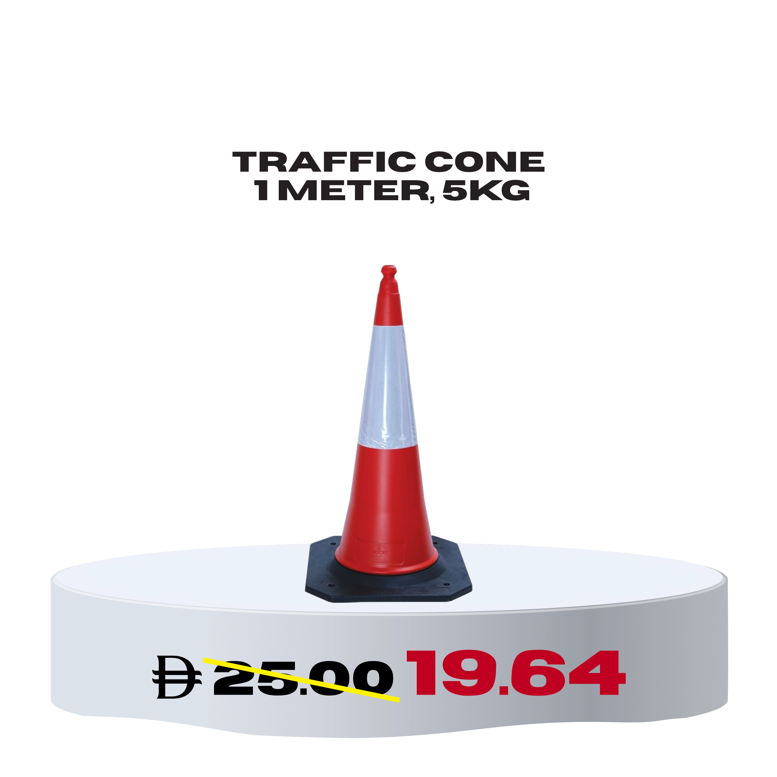 Red and white traffic cone, 1 meter tall and 5kg in weight, displayed on a beach background. Price shown as AED 25.00 discounted to AED 19.64.