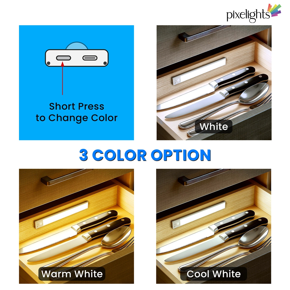 Pixelights 3 in 1 Cabinet Sensor Lights Re-Chargeable 40 cm 5940-3CCT
