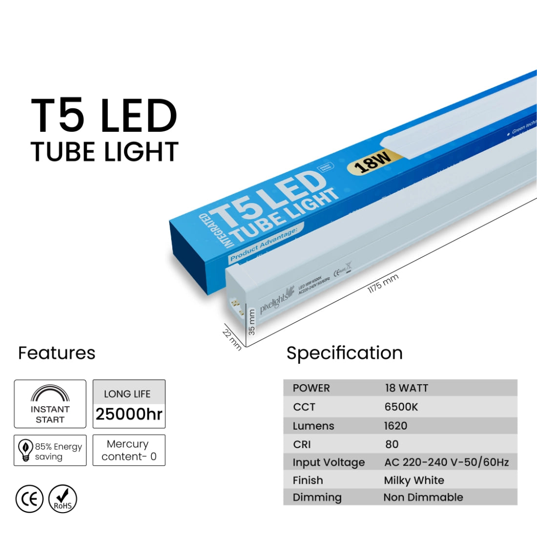 Pixelights Integrated T5 LED Tube Light 18W 6500K - Daylight