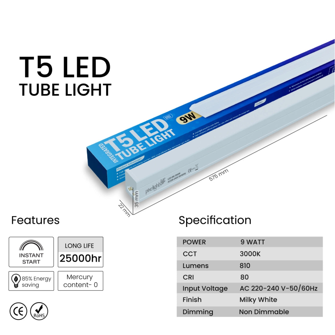 Pixelights Integrated T5 LED Tube Light 9W 3000K - Warm White