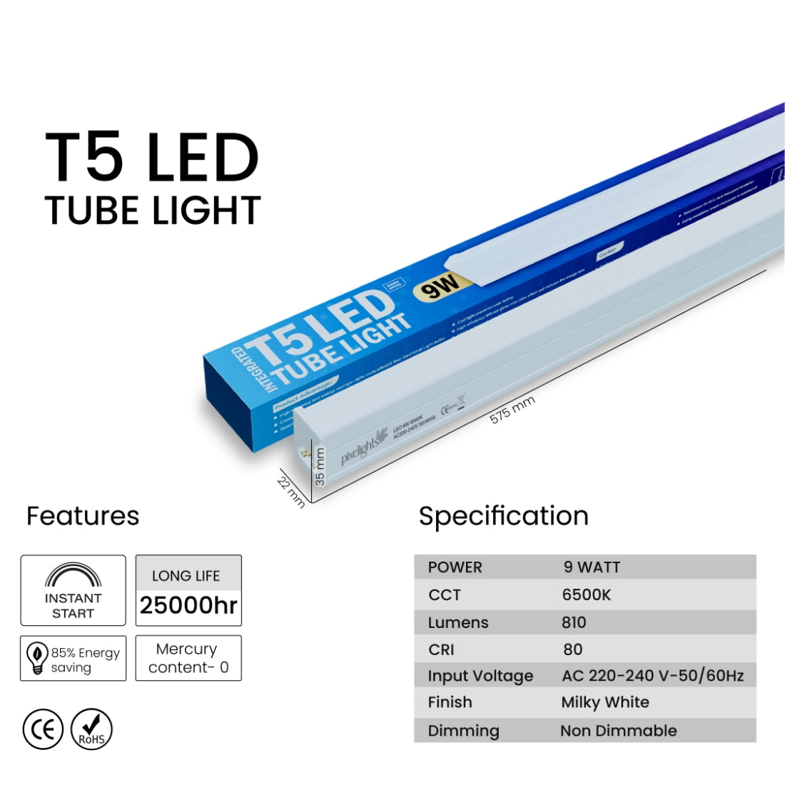 Pixelights Integrated T5 LED Tube Light 9W 6500K - Daylight