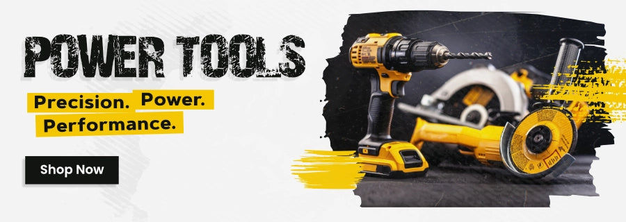 Banner showcasing power tools including a yellow cordless drill, circular saw, and angle grinder with text 'Power Tools – Precision. Power. Performance.' and a 'Shop Now' button on a modern, industrial-themed background.