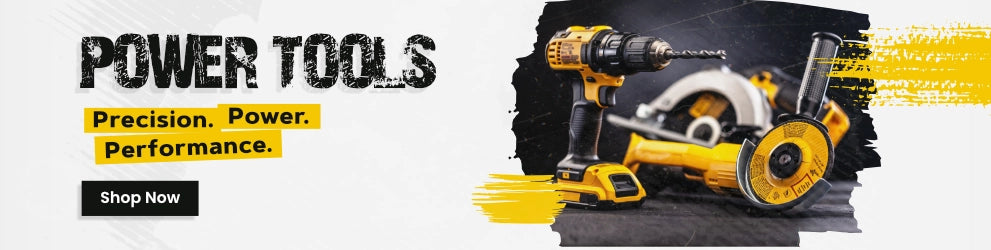 Banner showcasing power tools including a yellow cordless drill, circular saw, and angle grinder with text 'Power Tools – Precision. Power. Performance.' and a 'Shop Now' button on a modern, industrial-themed background.