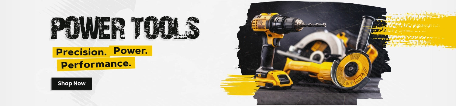 Banner showcasing power tools including a yellow cordless drill, circular saw, and angle grinder with text 'Power Tools – Precision. Power. Performance.' and a 'Shop Now' button on a modern, industrial-themed background.
