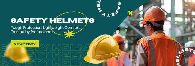 Construction workers wearing orange safety helmets and vests, with a yellow helmet in the foreground and the text 'Safety Helmets – Tough Protection. Lightweight Comfort. Trusted by Professionals.' plus a 'Shop Now' button.