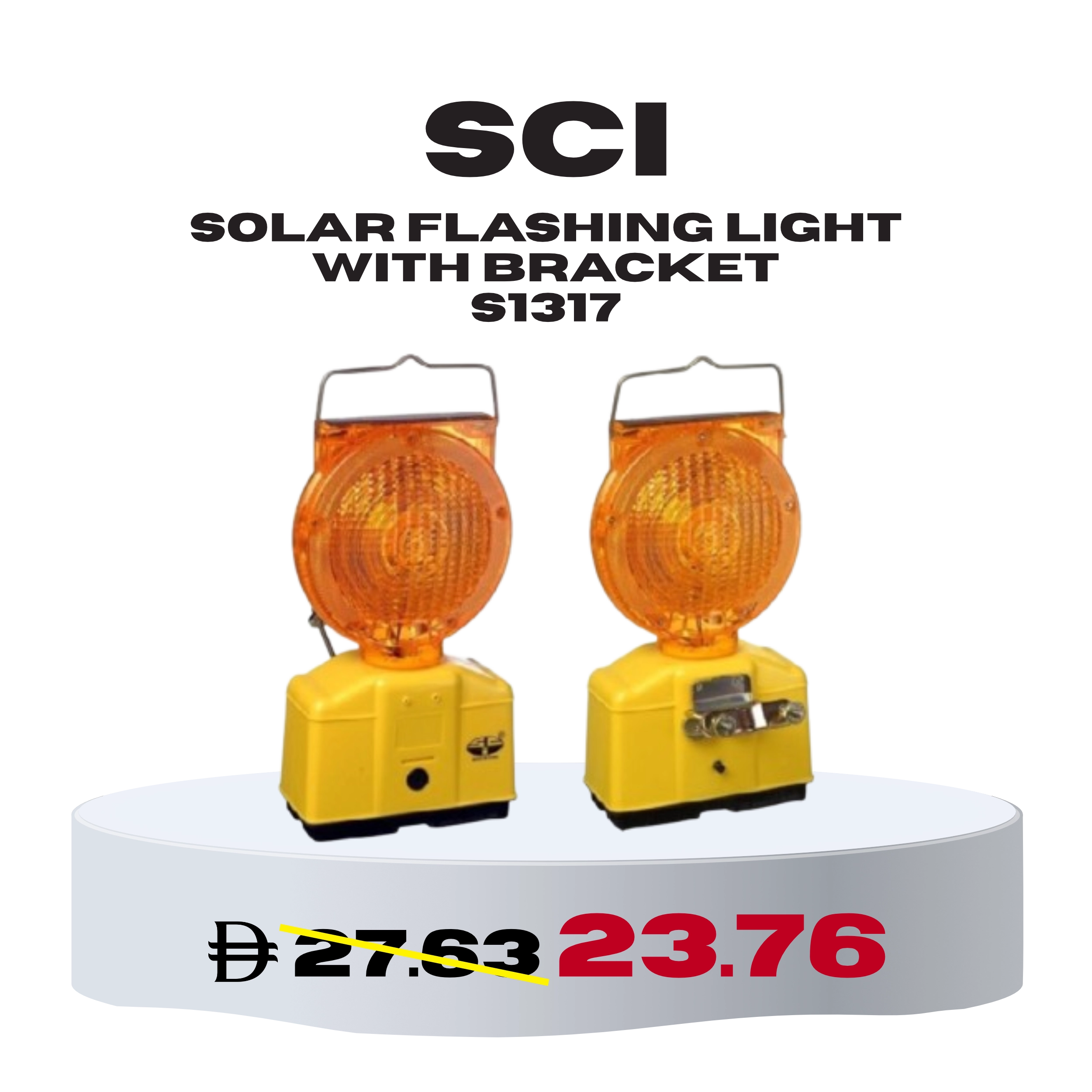 SCI Solar Flashing Light with Bracket S1317 - Yellow warning lights on beach-themed display with discounted price 23.76 from 27.83.