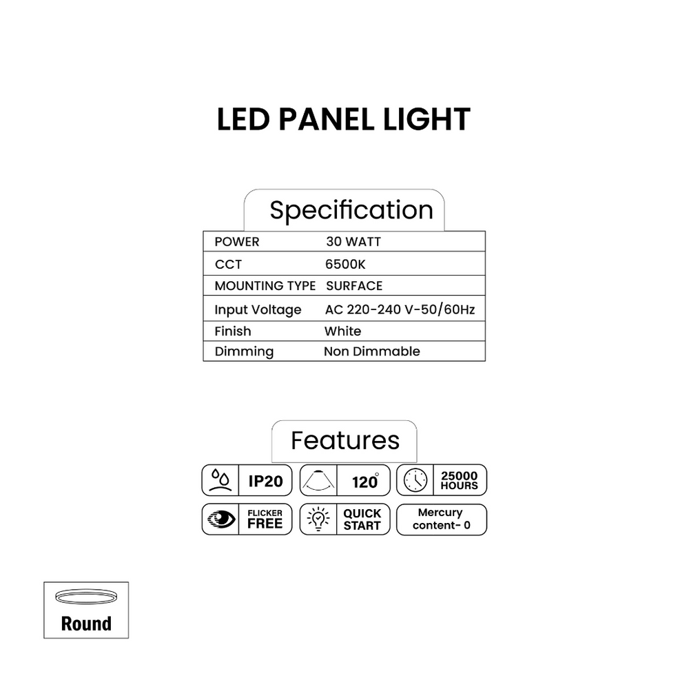 Pixelights 30W Round LED Surface Light 6500K Day Light