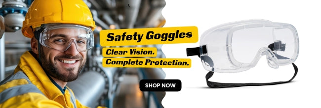 Smiling worker in safety gear wearing clear goggles next to an image of transparent safety goggles with the text 'Safety Goggles – Clear Vision. Complete Protection.' and a 'Shop Now' button.
