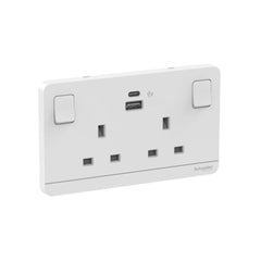 Schneider Electric AvatarOn 2 Gang Switched Socket with USB Charger Type A and C 21W 13A E83T25ACUSB_WE_G12 - White - Slide 1