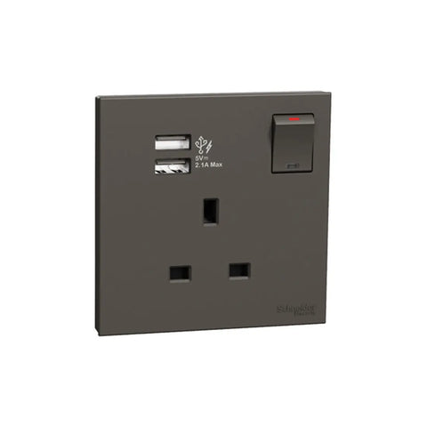 Schneider Electric AvatarOn C 13A Switched Socket with 2.1A Two Port USB E8715USB_DG - Dark Grey