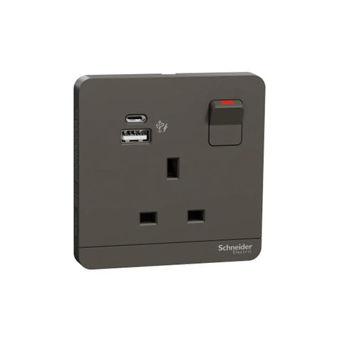 Schneider Electric AvatarOn Switched Socket with USB Charger Type A and C 21W 13A E8315DACUSB_DG - Dark Gray