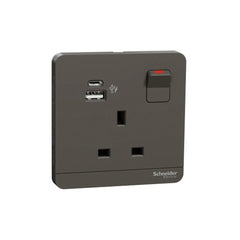 Schneider Electric AvatarOn Switched Socket with USB Charger Type A and C 21W 13A E8315DACUSB_DG - Dark Gray - Slide 1