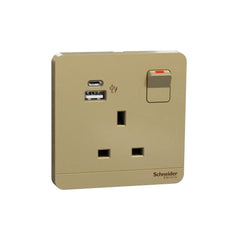Schneider Electric AvatarOn Switched Socket with USB Charger Type A and C 21W 13A E8315DACUSB_WG - Wine Gold - Slide 1