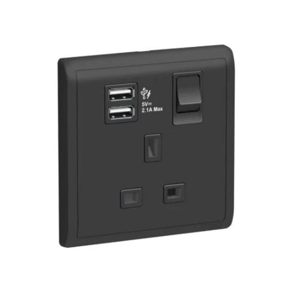 Schneider Electric Pieno 13A 1 Gang Switched Socket with 2.1A USB E8215USB_MB_G12 Matt Black in Dubai, UAE