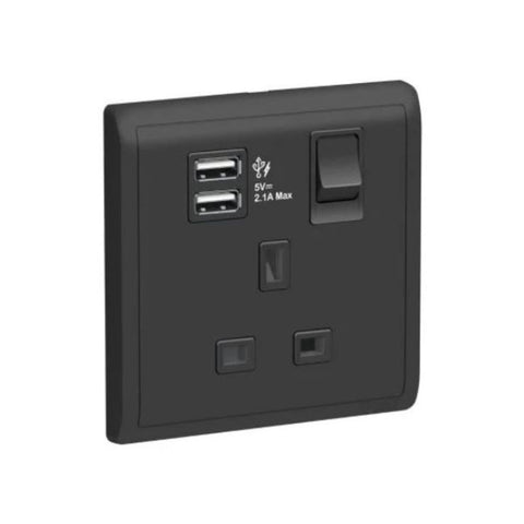 Schneider Electric Pieno 13A 1 Gang Switched Socket with 2.1A USB E8215USB_MB_G12 - Matt Black