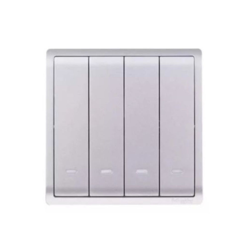 Schneider Electric Switched with Fluorescent Locator 10AX 250V 1 Way 4 Gang E8234L1F_AS_G1 4G Aluminium Silver in Dubai, UAE