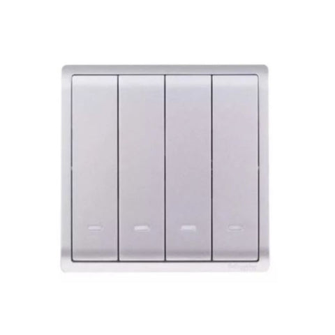 Schneider Electric Pieno Switched with Fluorescent Locator 10AX 250V 1 Way 4 Gang E8234L1F_AS_G1 4G - Aluminium Silver