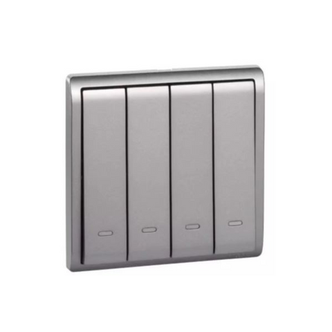 Schneider Electric Pieno 10AX 250V 4 Gang 2 way switched with Fluorescent Locator E8234L2F_AS_G1 - Aluminium Silver