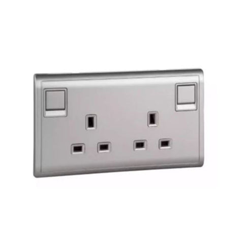 Schneider Electric Pieno Switched Socket 13A 250V 2 Gang E82T25_AS_G1 - Aluminium Silver