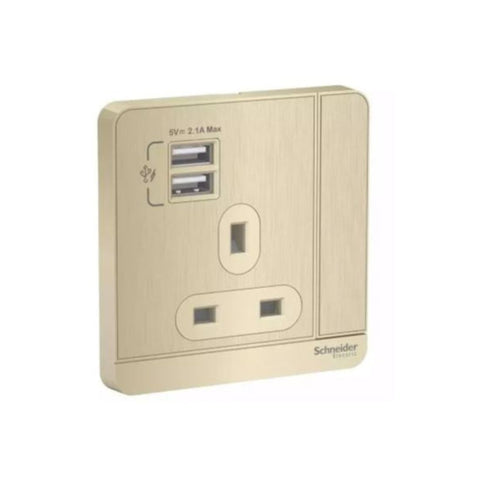 Schneider Electric AvatarOn 2 USB Charger + Switched Socket 3P 13A E8315USB_GH_G12 - Metal Gold Hairline
