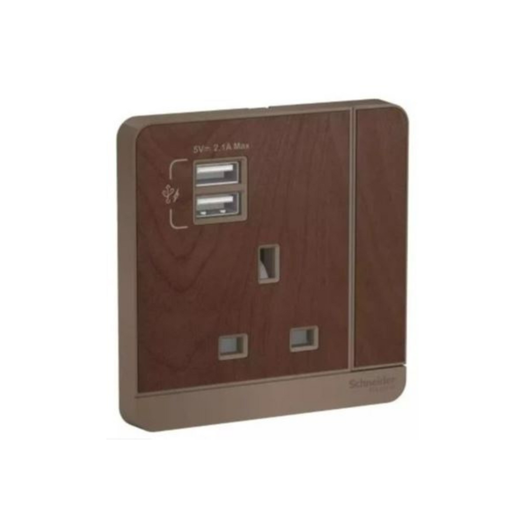 Schneider Electric AvatarOn 2 USB Charger + Switched Socket 3P 13A E8315USB_WD_G12 Wood in Dubai, UAE