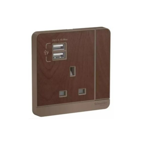 Schneider Electric AvatarOn 2 USB Charger + Switched Socket 3P 13A E8315USB_WD_G12 - Wood