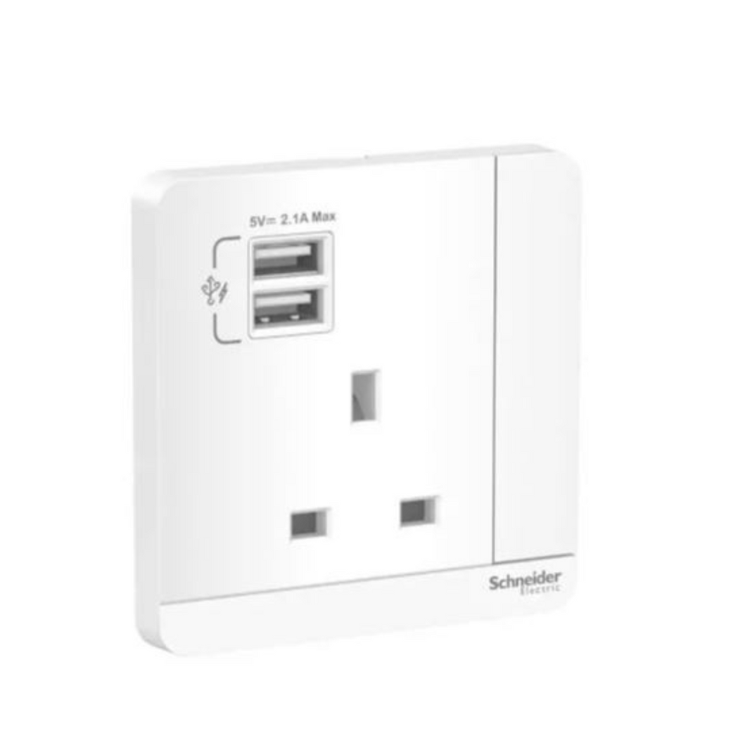 Schneider Electric AvatarOn 2 USB Charger + Switched Socket 3P 13A E8315USB_WE_G12 White in Dubai, UAE