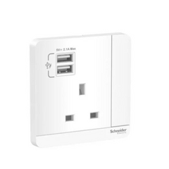 Schneider Electric AvatarOn 2 USB Charger + Switched Socket 3P 13A E8315USB_WE_G12 - White - Slide 1