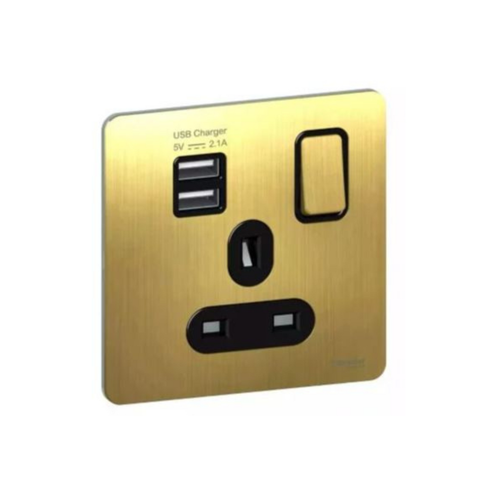 Schneider Electric Ultimate Screw Single Socket with 2 x USB SP 2.1 A. GGBGU34102USBABAB Antique Brass, Black in Dubai, UAE