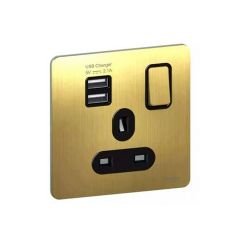 Schneider Electric Ultimate Screw Single Socket with 2 x USB SP 2.1 A. GGBGU34102USBABAB - Antique Brass, Black