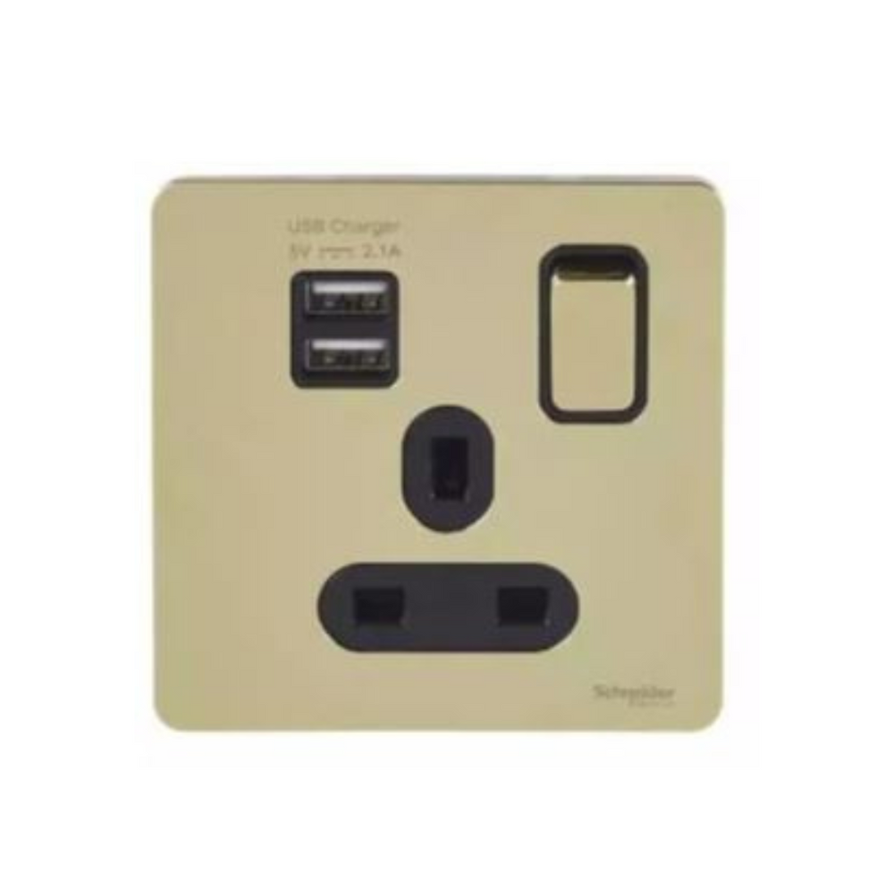 Schneider Electric Ultimate Screw Single Socket with 2 x USB SP 2.1 A. GGBGU34102USBABPB Polished Brass, Black in Dubai, UAE