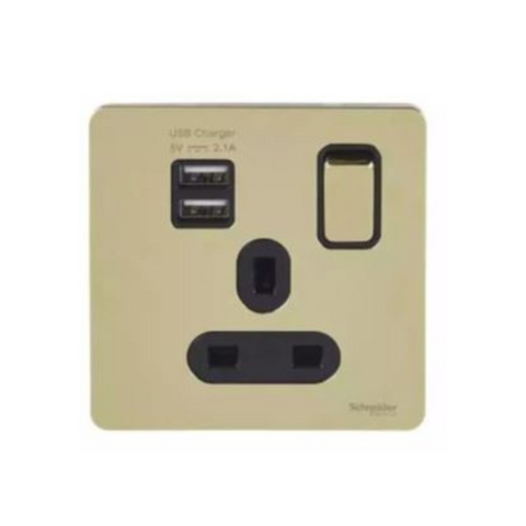 Schneider Electric Ultimate Screw Single Socket with 2 x USB SP 2.1 A. GGBGU34102USBABPB - Polished Brass, Black