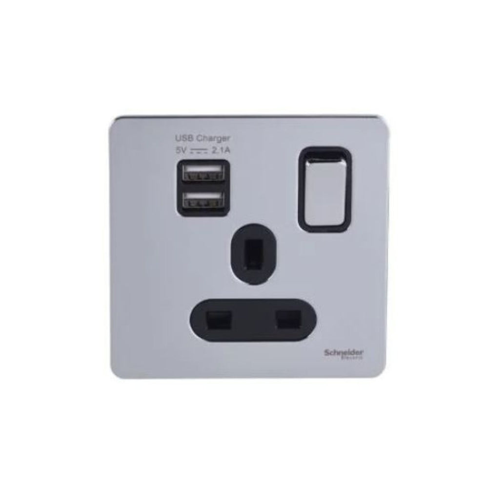 Schneider Electric 2 USB Charger and Switched Socket GGBGU34102USBABPC Polished Chrome, Black in Dubai, UAE