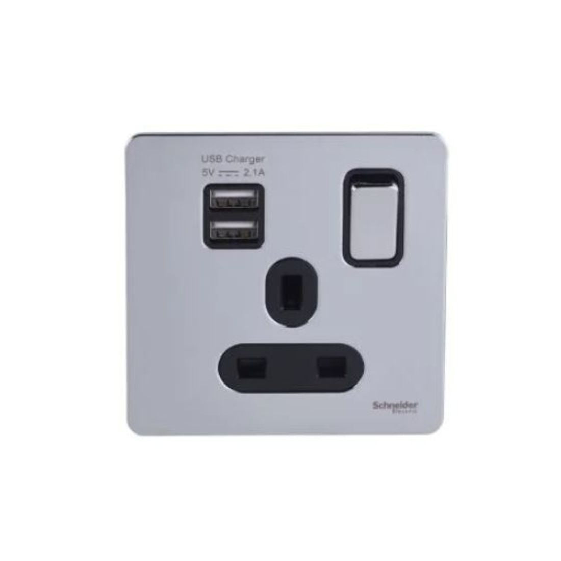 Schneider Electric 2 USB Charger and Switched Socket GGBGU34102USBABPC - Polished Chrome, Black