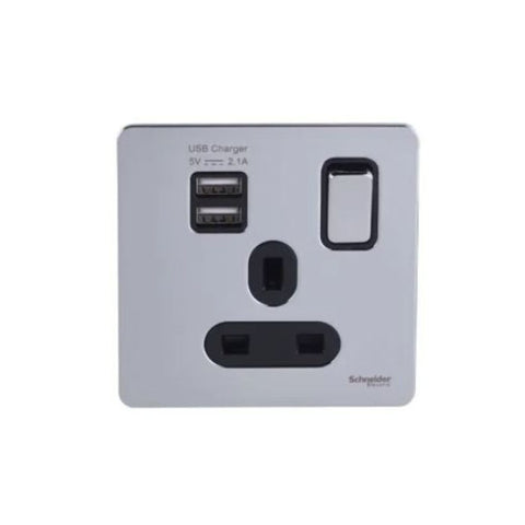 Schneider Electric 2 USB Charger and Switched Socket GGBGU34102USBABPC - Polished Chrome, Black