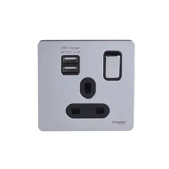 Schneider Electric 2 USB Charger and Switched Socket GGBGU34102USBABPC - Polished Chrome, Black - Slide 1