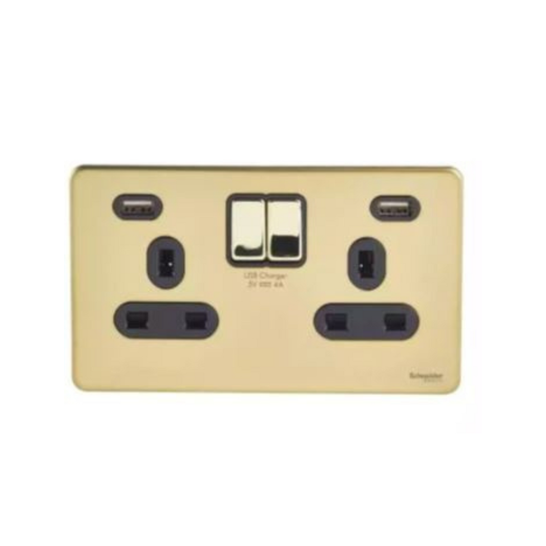 Schneider Electric Ultimate Switched Socket 2 USB Charger 2 Gang 13A GGBGU3424DBPB Polished Brass, Black in Dubai, UAE