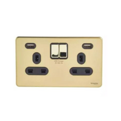 Schneider Electric Ultimate Switched Socket 2 USB Charger 2 Gang 13A GGBGU3424DBPB - Polished Brass, Black - Slide 1