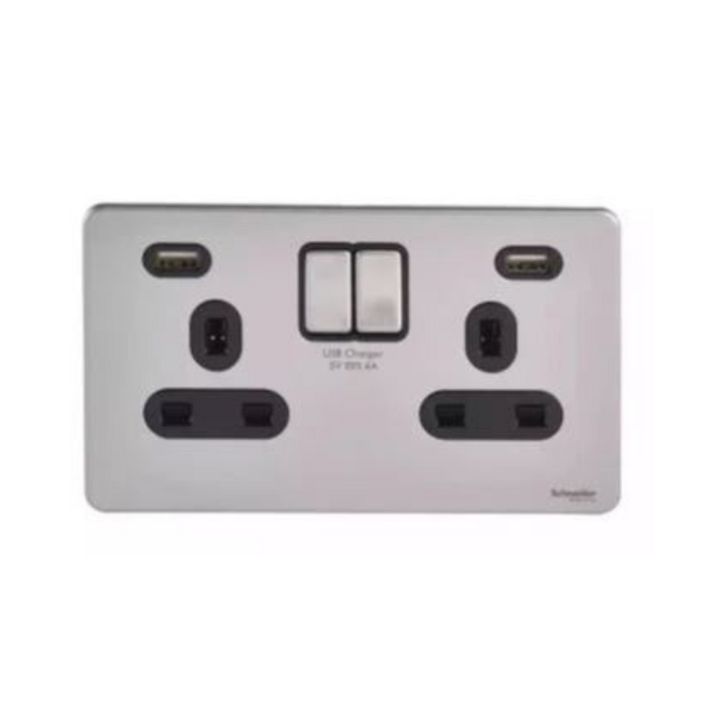 Schneider Electric Ultimate Switched Socket 2 USB Charger 2 Gang 13A GGBGU3424DBSS Stainless Steel, Black in Dubai, UAE