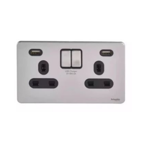 Schneider Electric Ultimate Switched Socket 2 USB Charger 2 Gang 13A GGBGU3424DBSS - Stainless Steel, Black